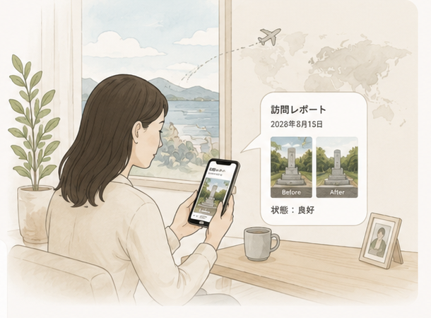 遠方からスマートフォンでお墓の訪問報告を確認するイメージ