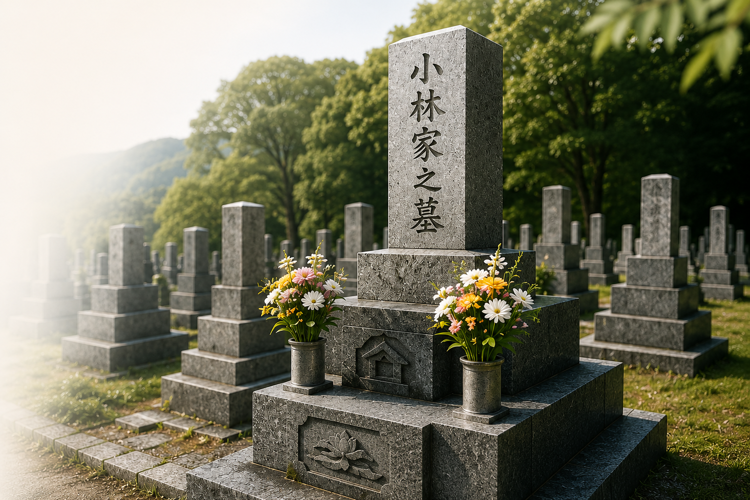 花が供えられ、きれいに手入れされた墓地